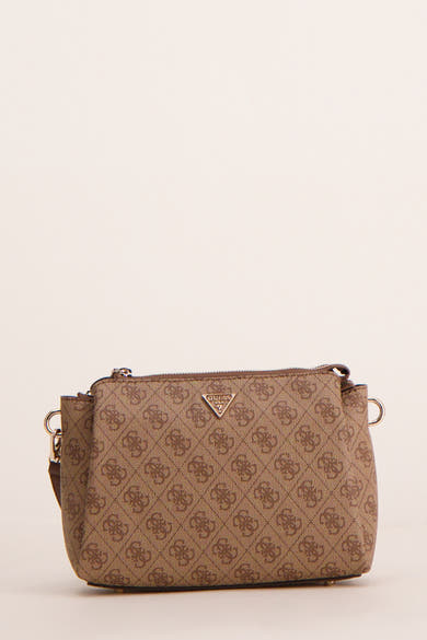 Bruine Guess schoudertas met all-over monogrampatroon en verstelbare schouderriem.