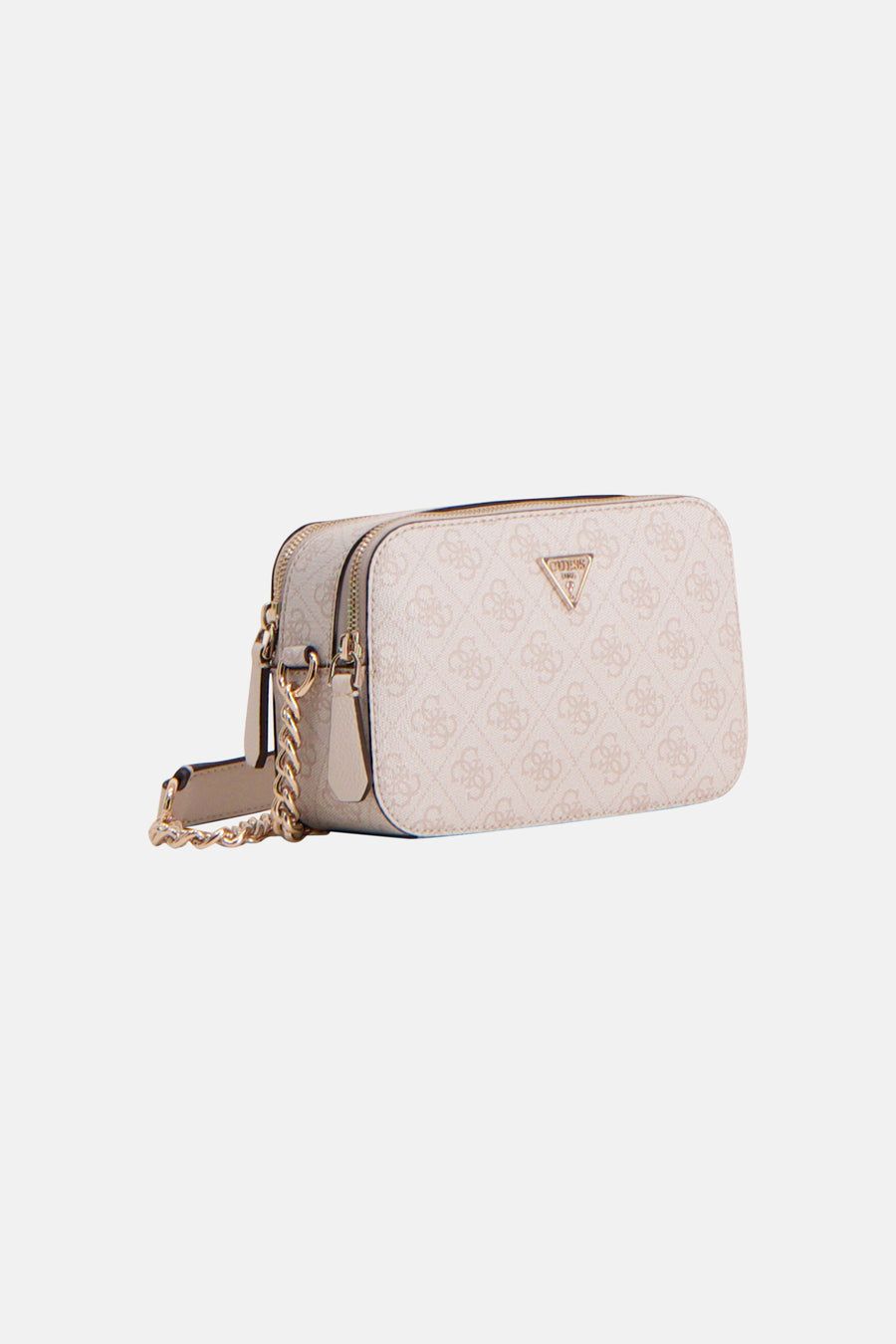 Beige schoudertas van Guess, met logoprint en gouden kettingriem.