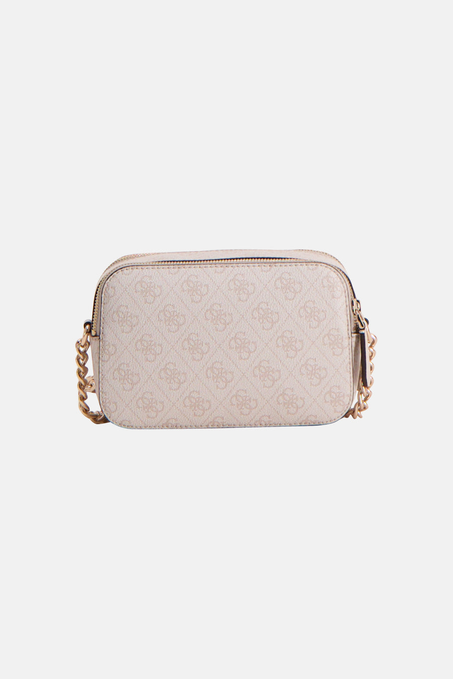 Sac à bandoulière beige de Guess, avec motif à logo répété et bandoulière chaîne dorée.