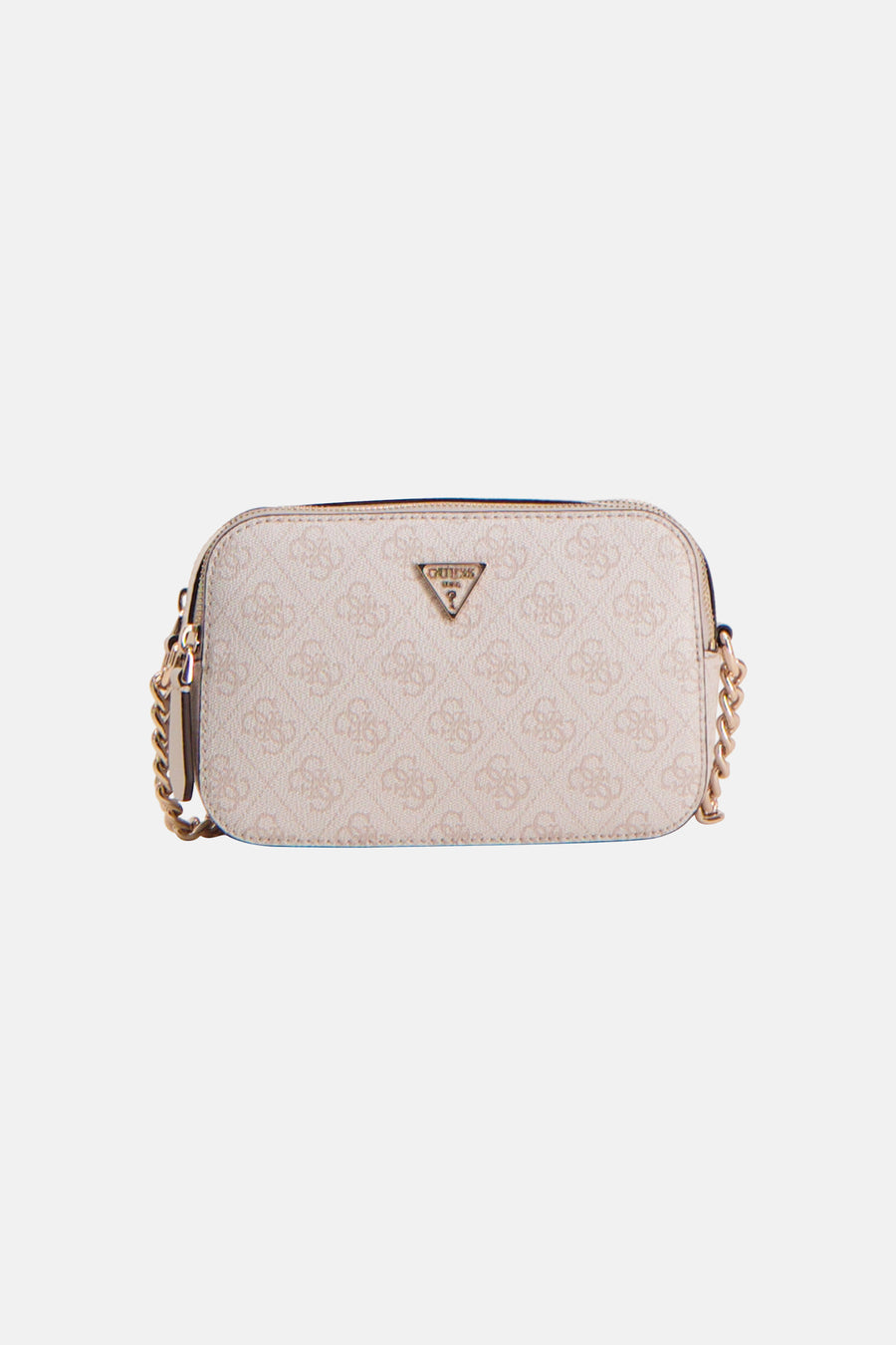 Beige schoudertas van Guess, versierd met een toon-op-toon monogrampatroon en een gouden ketting schouderriem.