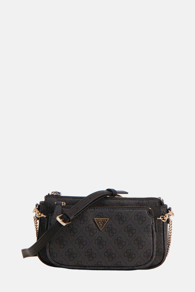 Sac à bandoulière noir de Guess avec motif logo en relief et bandoulière chaîne dorée.
