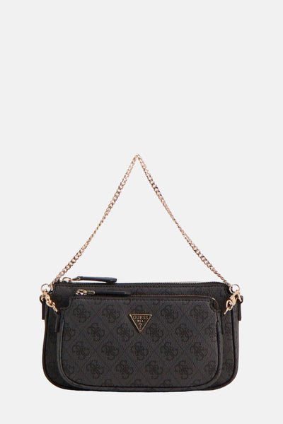Sac à bandoulière noir de Guess, avec motif monogramme et bandoulière chaîne dorée.
