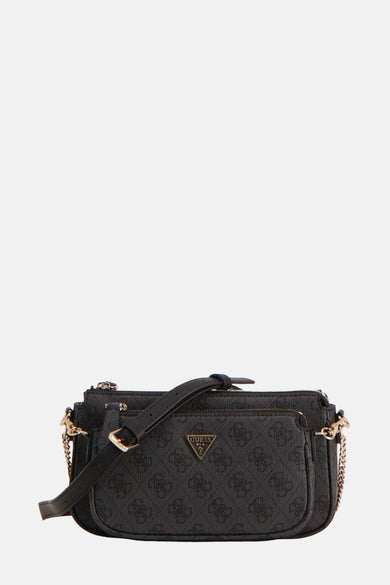 Zwarte Guess schoudertas met monogrampatroon en verstelbare schouderriem.