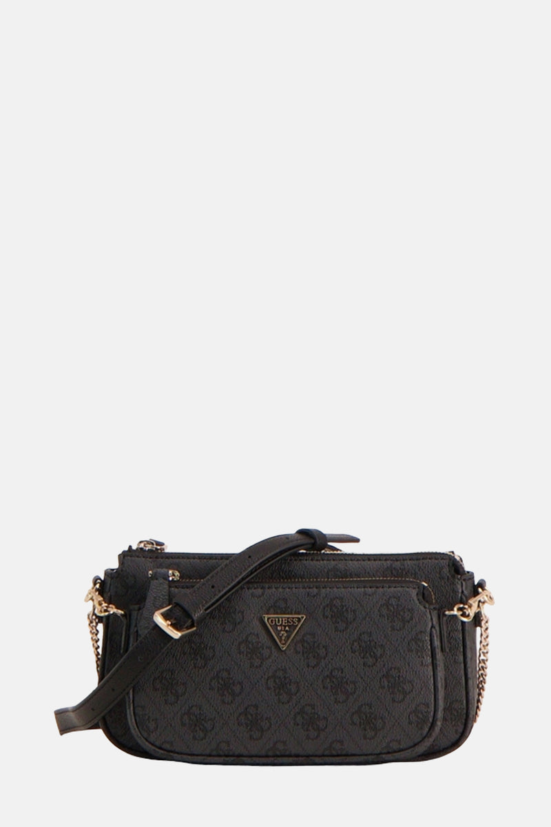 Zwarte Guess schoudertas met monogrampatroon en verstelbare schouderriem.