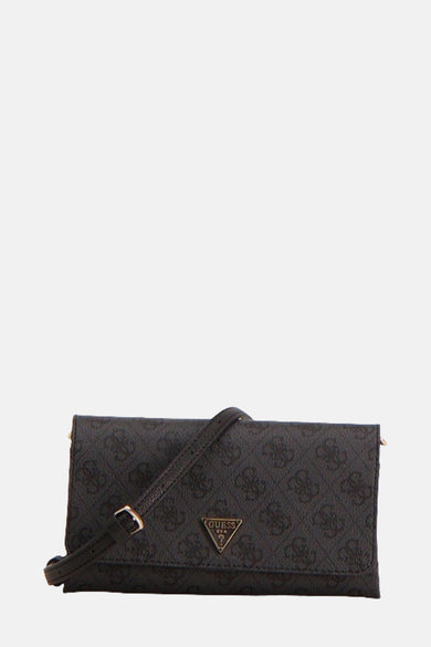 Zwarte Guess schoudertas met ton-sur-ton print en verstelbare, dunne schouderriem.