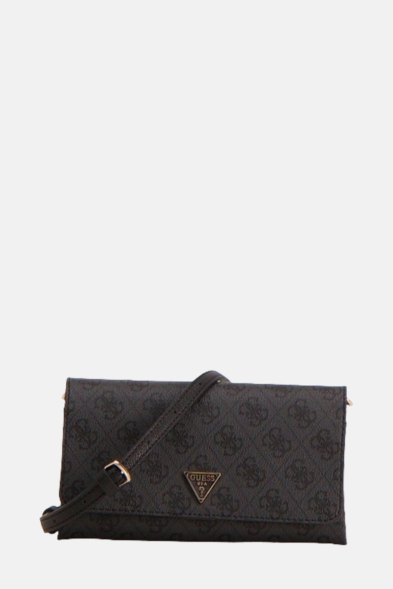 Zwarte Guess schoudertas met ton-sur-ton print en verstelbare, dunne schouderriem.