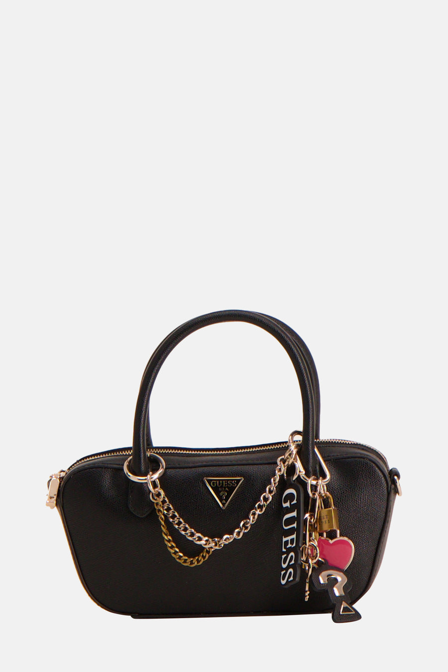Sac à main noir de Guess, avec chaîne décorative dorée, breloques et logo de la marque.