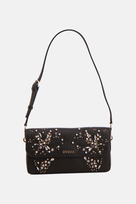 Zwarte Guess schoudertas met een verstelbare schouderriem en een gouden ritssluiting.