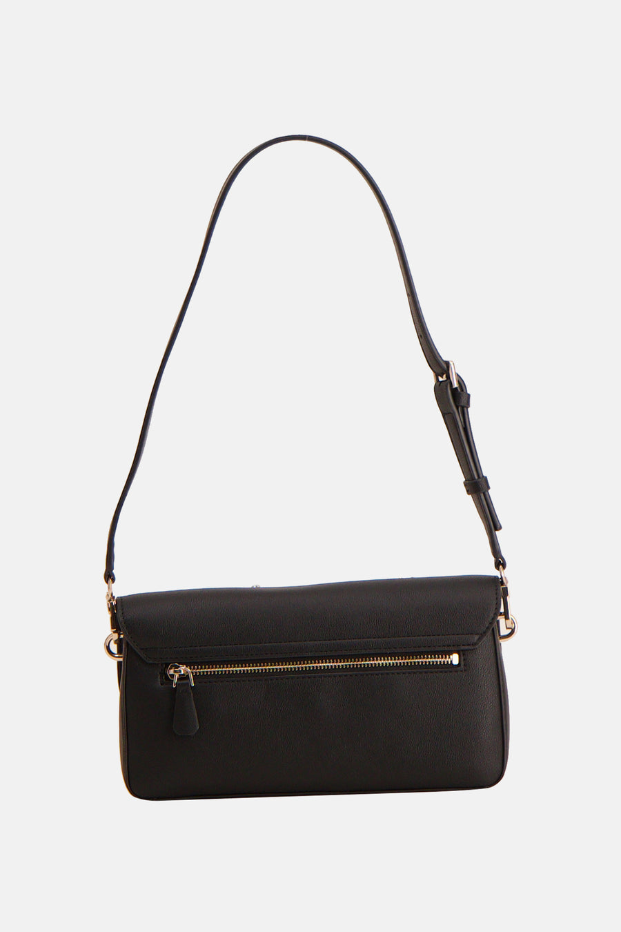 Sac à bandoulière noir de Guess, avec une bandoulière réglable et une fermeture éclair dorée.