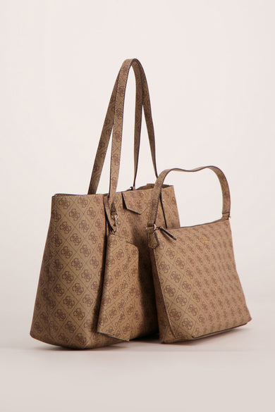Sac à bandoulière marron de Guess, orné d'un motif à logo all-over, avec un sac supplémentaire coordonné.