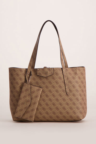Sac à bandoulière marron de Guess, orné d'un motif de monogramme et d'une pochette amovible assortie.