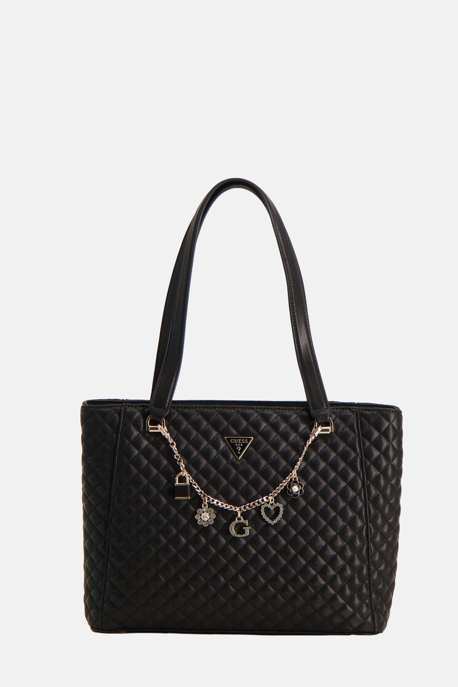 Sac à bandoulière noir de Guess, avec motif matelassé et une chaîne décorative argentée avec breloques.