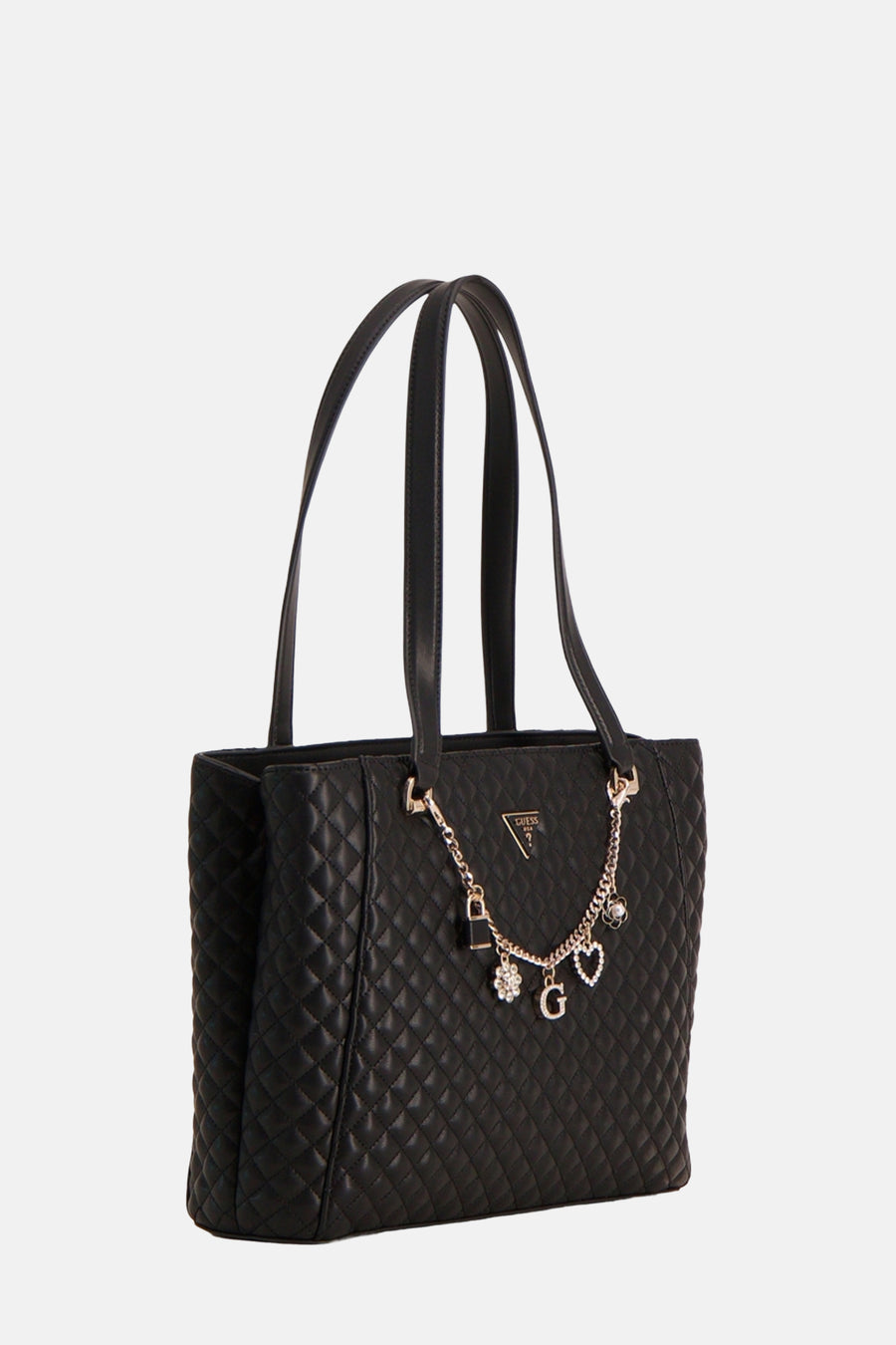 Zwarte Guess schoudertas met ruitvormig gewatteerd patroon, decoratieve gouden ketting en dunne bandjes.
