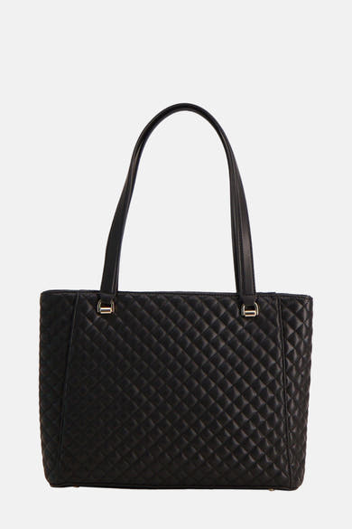 Zwarte Guess schoudertas met gewatteerd patroon en gouden metalen details.
