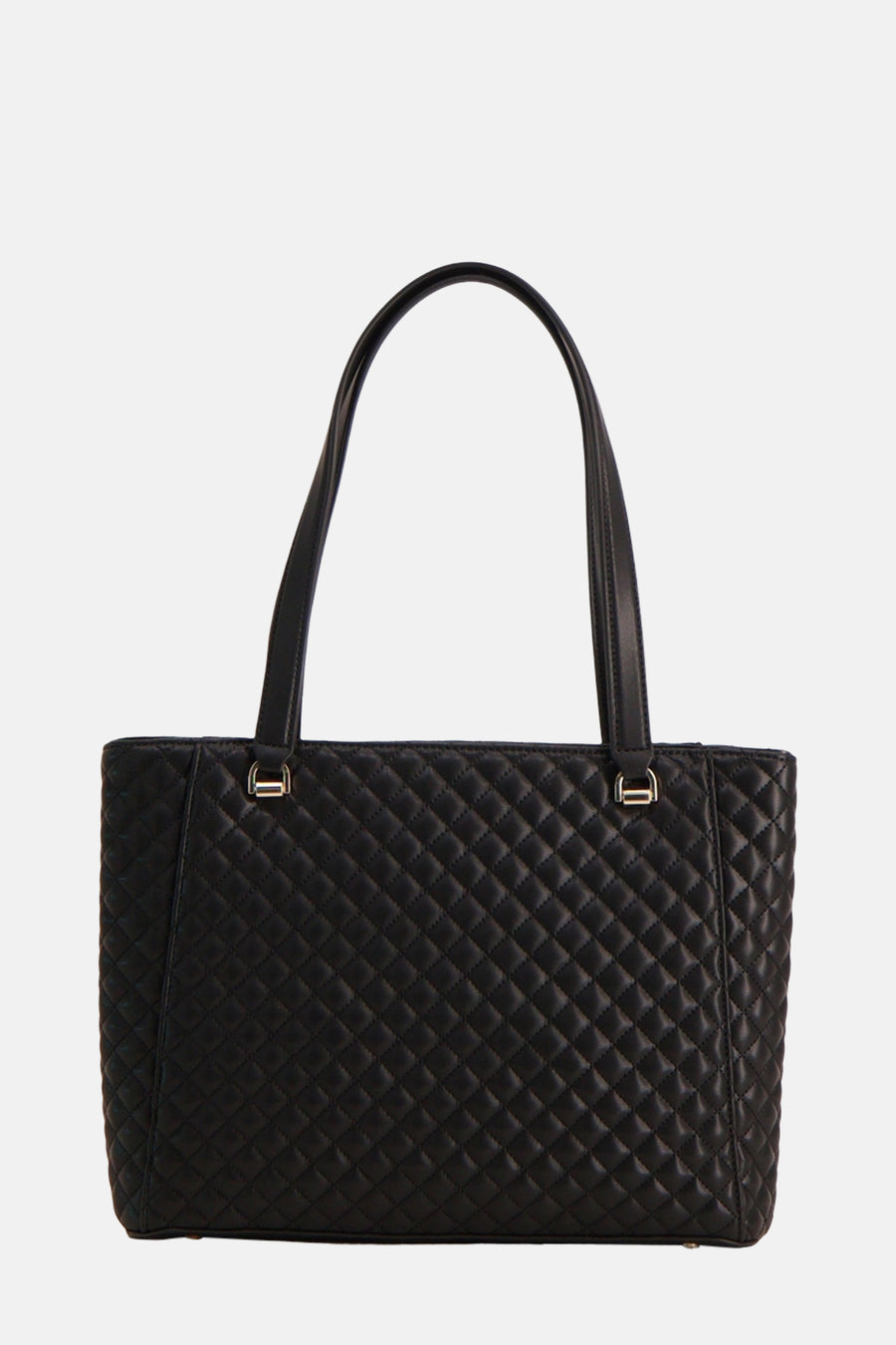 Zwarte Guess schoudertas met gewatteerd patroon en gouden metalen details.