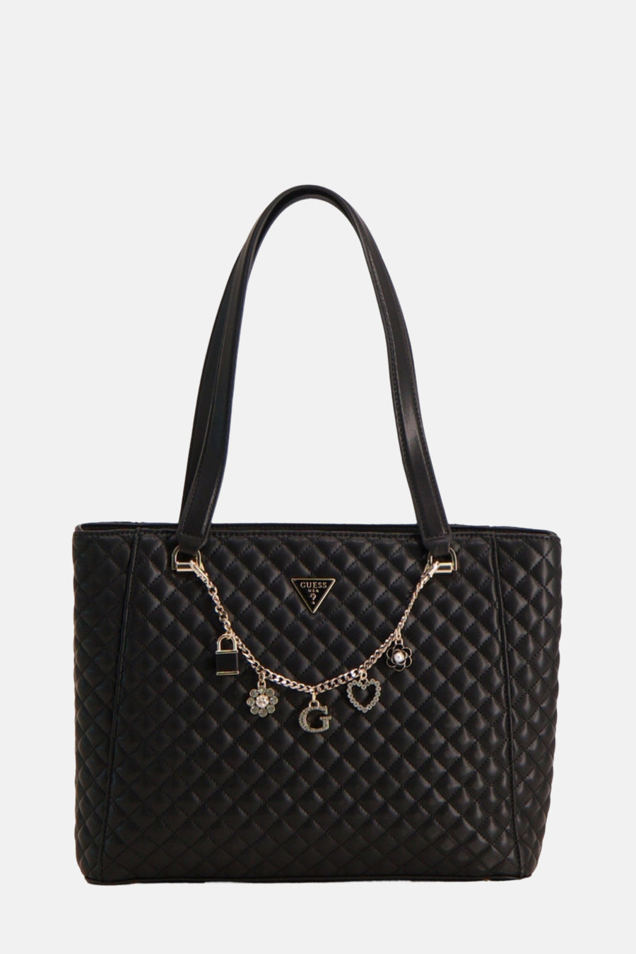 Zwarte Guess schoudertas met ruitvormig gewatteerd patroon en decoratieve zilveren ketting.