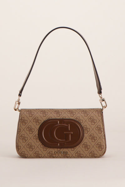 Sac à bandoulière brun de Guess avec motif de logo et anse fine noire.
