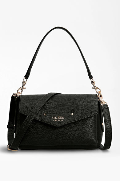 Sac à bandoulière noir en cuir synthétique de Guess, avec bandoulière réglable et quincaillerie dorée.
