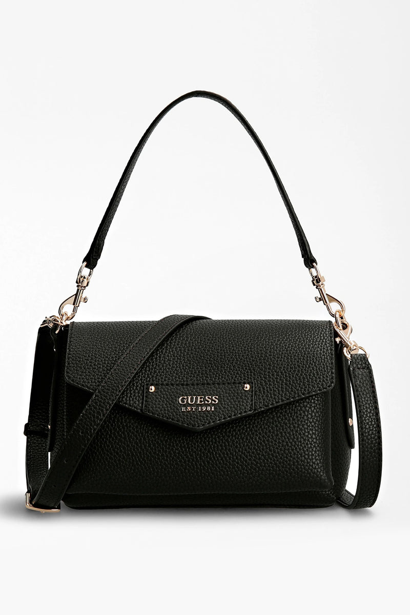 Sac à bandoulière noir en cuir synthétique de Guess, avec bandoulière réglable et quincaillerie dorée.
