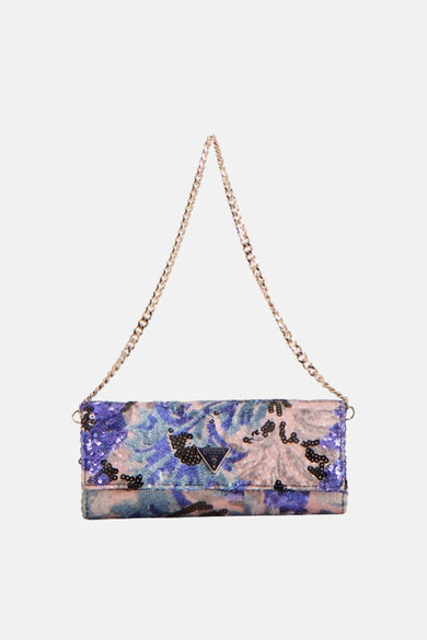 Multikleuren schoudertas van Guess®, versierd met pailletten en een bloemenpatroon, met een gouden ketting schouderriem.