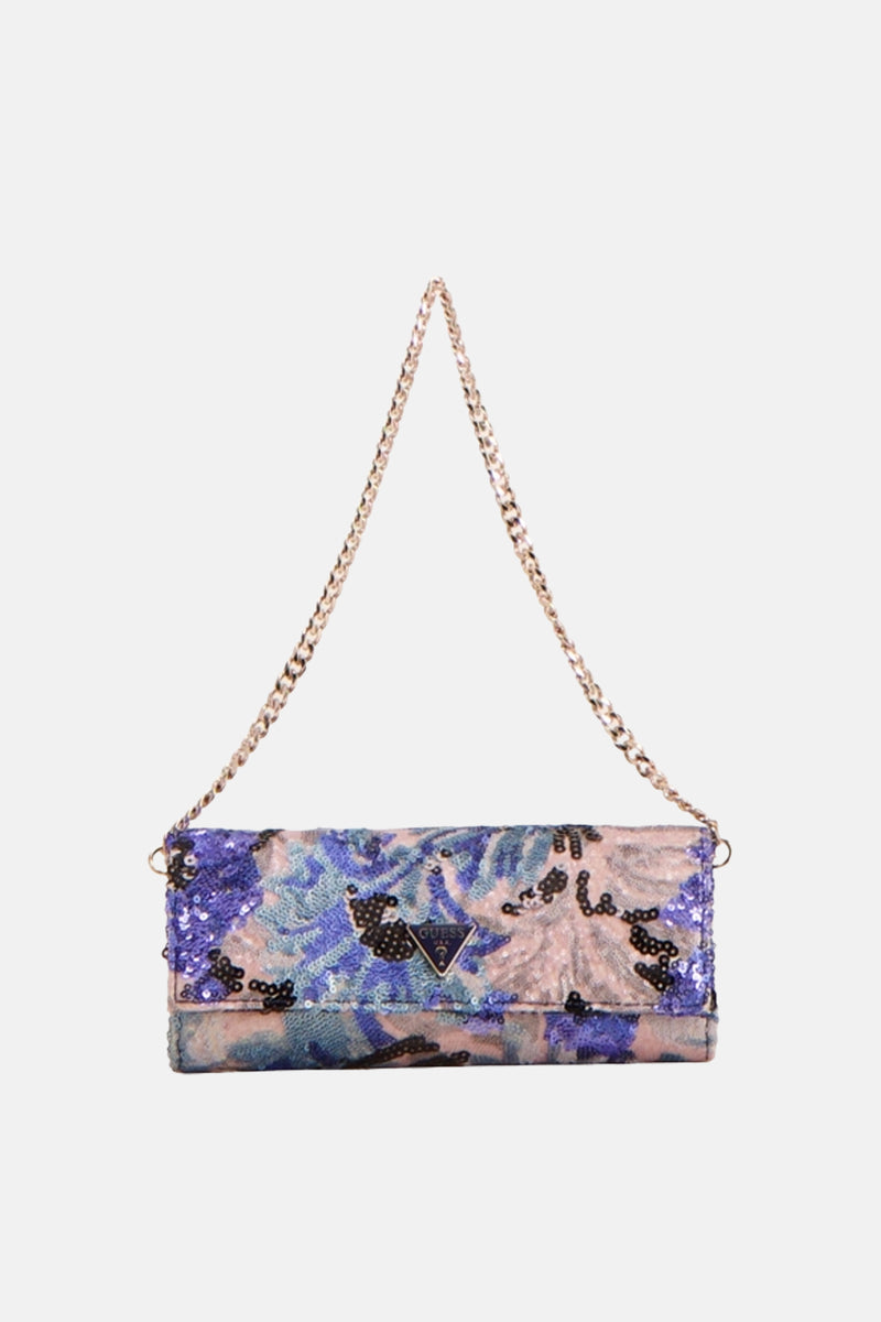 Multikleuren schoudertas van Guess®, versierd met pailletten en een bloemenpatroon, met een gouden ketting schouderriem.