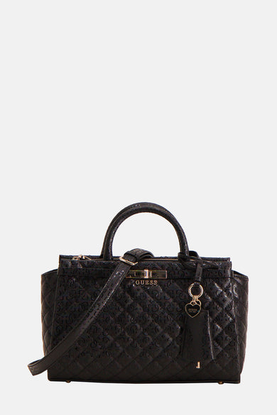 Sac à main noir de Guess avec motif ton sur ton et breloque en forme de cœur.