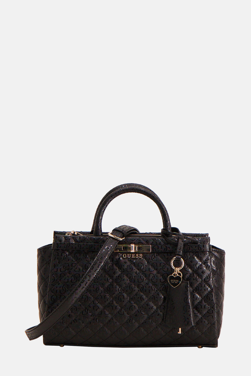 Sac à main noir de Guess avec motif ton sur ton et breloque en forme de cœur.