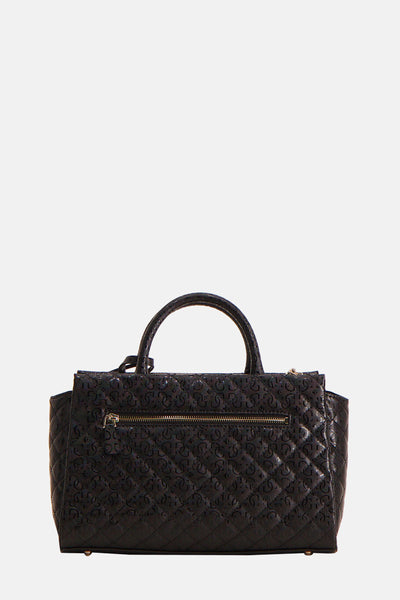 Zwarte Guess handtas met reliëf monogrampatroon en gouden ritssluiting.