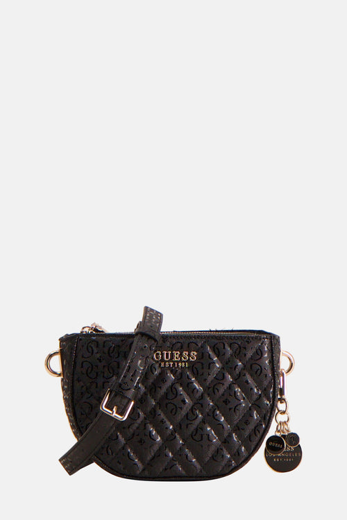 Zwarte Guess schoudertas met print en decoratieve ketting aan de zijkant.