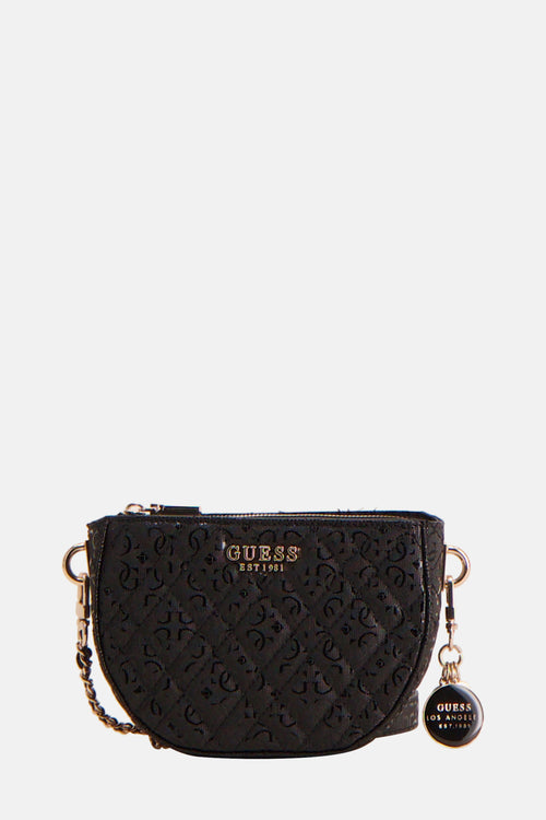 Zwarte Guess schoudertas met reliëf logo en gouden kettingdetails.