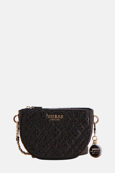 Zwarte Guess schoudertas met reliëf logo en gouden kettingdetails.