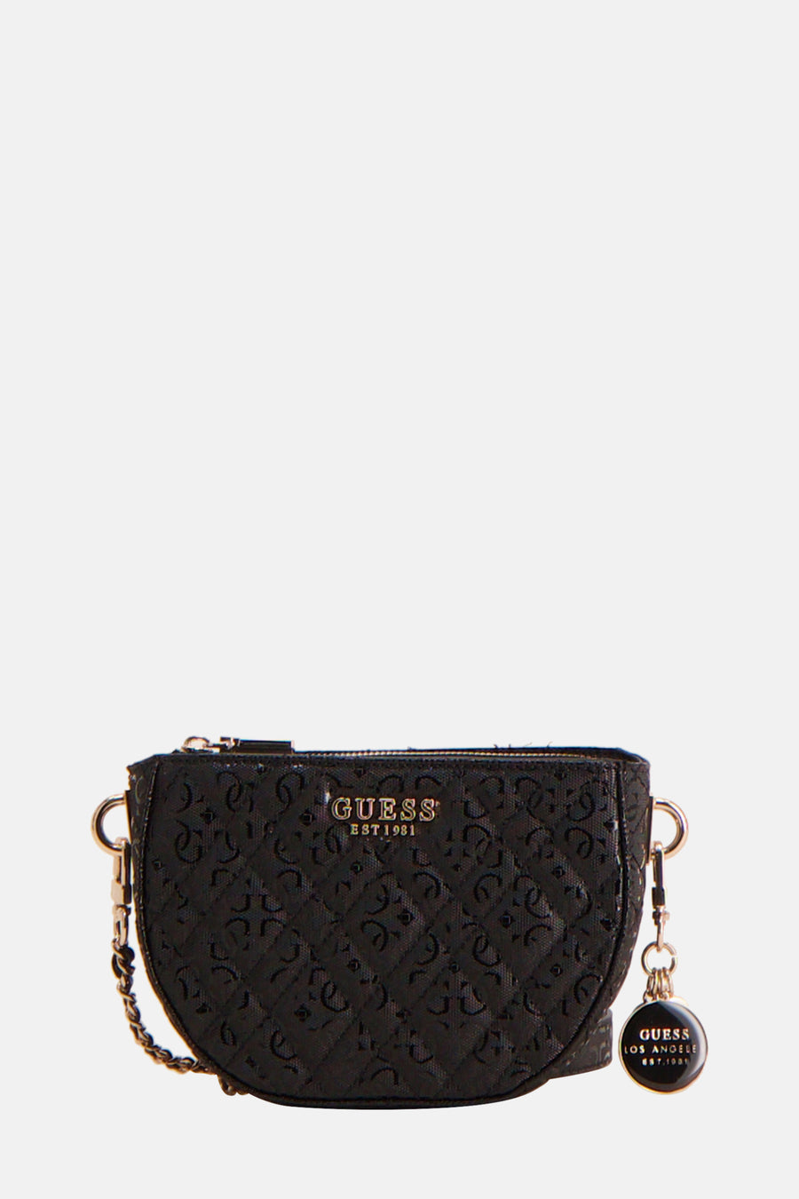 Zwarte Guess schoudertas met reliëf logo en gouden kettingdetails.
