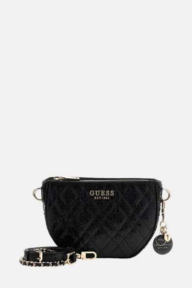 Zwarte Guess schoudertas met toon-op-toon patroon en gouden ketting schouderriem.