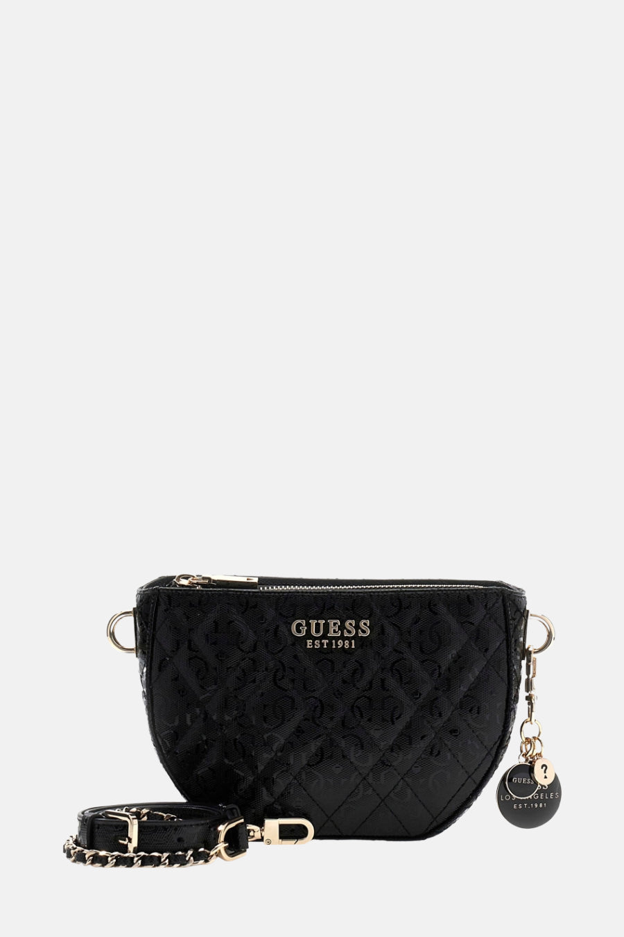 Zwarte Guess schoudertas met toon-op-toon patroon en gouden ketting schouderriem.