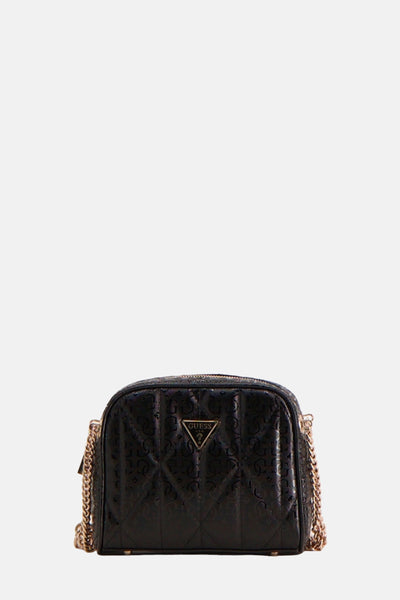 Sac à bandoulière noir de Guess avec motif ton sur ton et bandoulière chaîne dorée.
