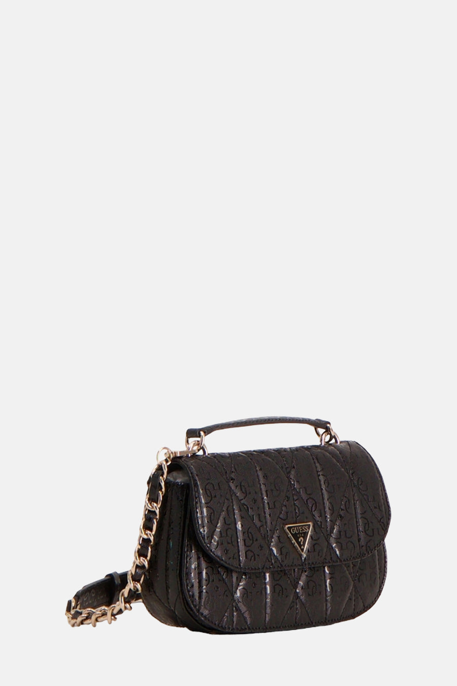 Zwarte Guess handtas, met toon-op-toon patroon en gouden ketting schouderriem.