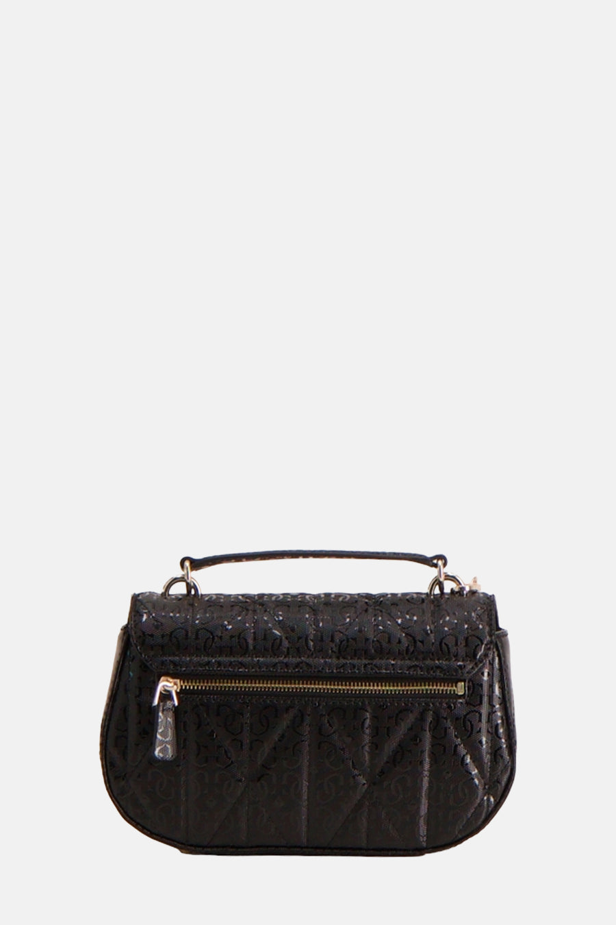 Zwarte Guess handtas met gouden ritssluiting en ton-sur-ton reliëf logo patroon.