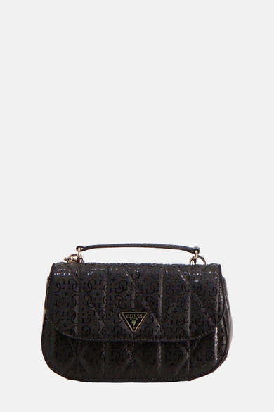 Zwarte Guess handtas met toon-op-toon monogrampatroon en overslagsluiting.