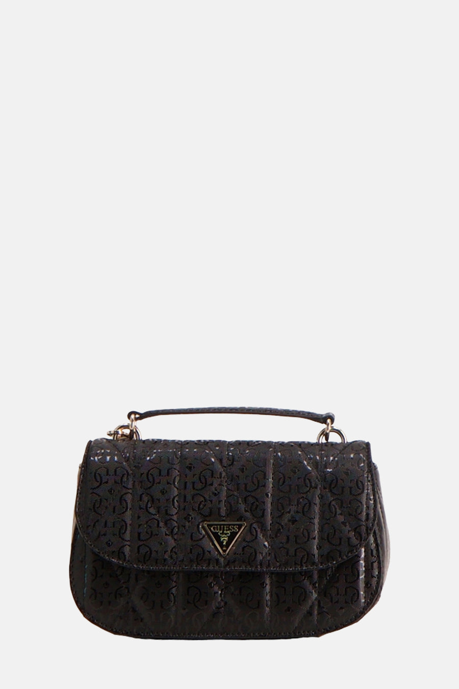 Zwarte Guess handtas met toon-op-toon monogrampatroon en overslagsluiting.