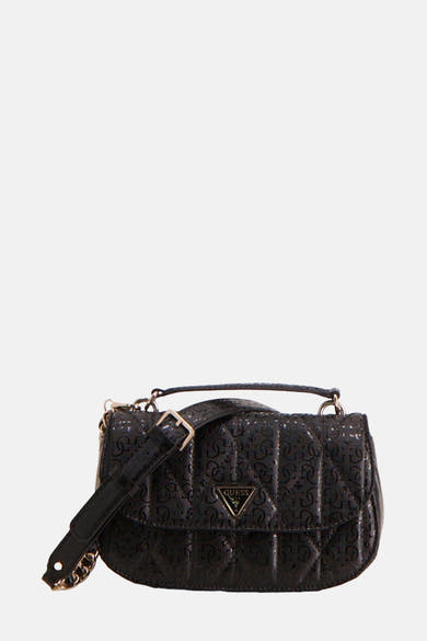 Zwarte Guess handtas met een toon-op-toon print en een verstelbare schouderriem.