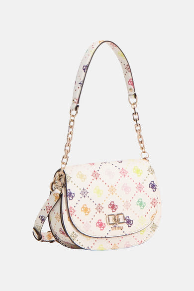 Sac à bandoulière multicolore de Guess, avec motif logo imprimé et détails de chaîne dorée.