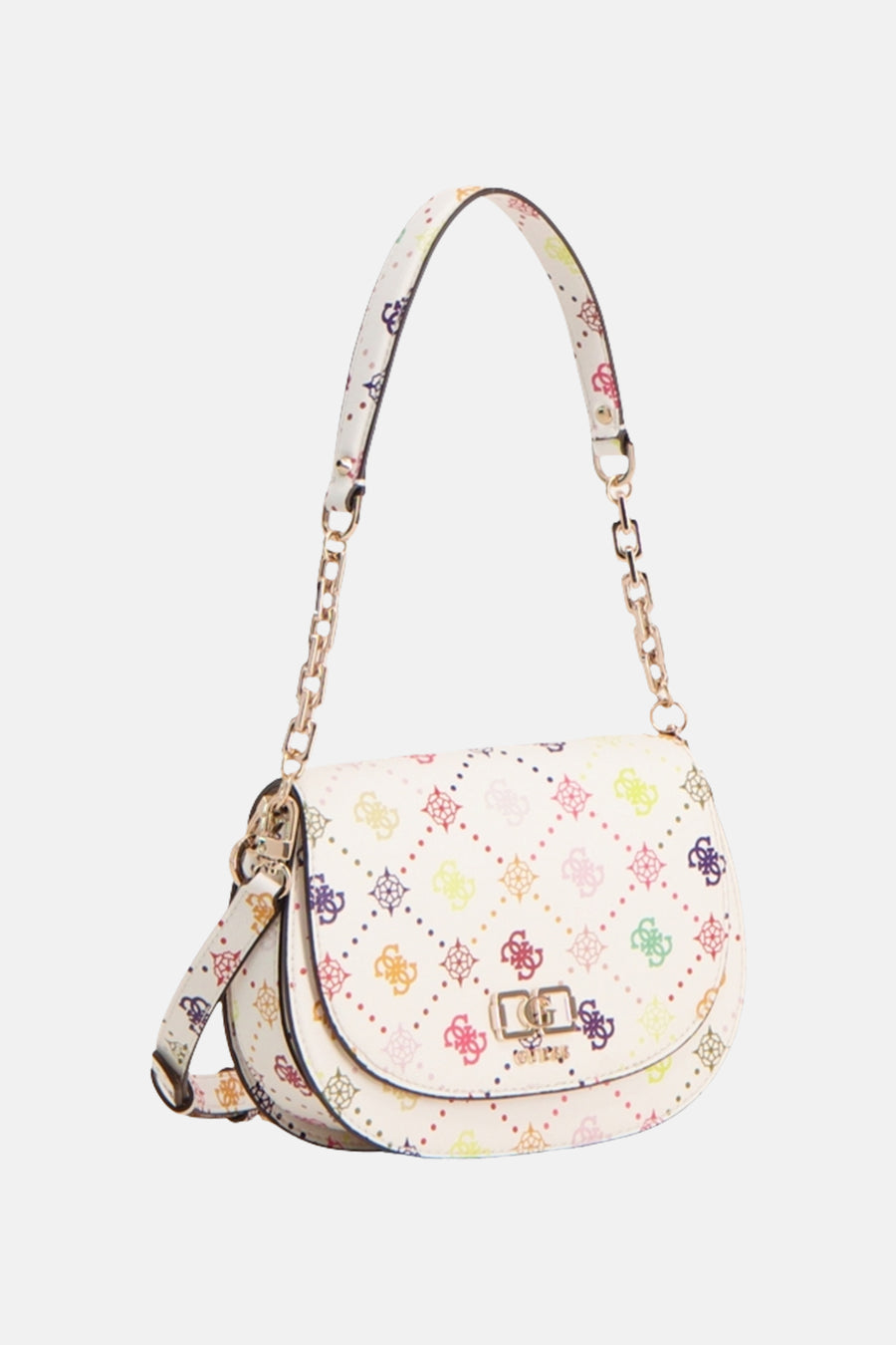Sac à bandoulière multicolore de Guess, avec motif logo imprimé et détails de chaîne dorée.