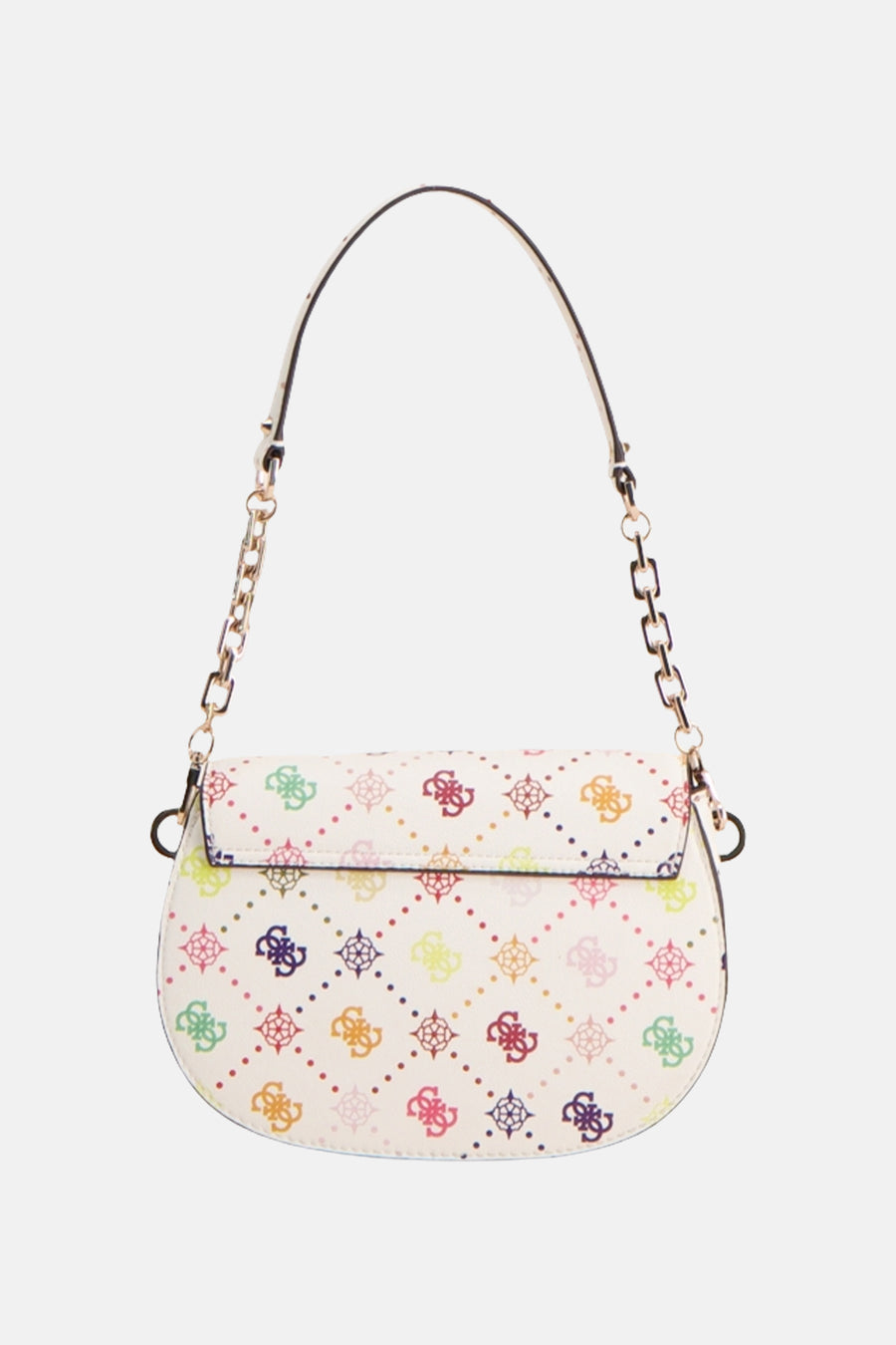 Sac à bandoulière multicolore de Guess, avec motif imprimé de logos et bandoulière chaîne dorée.
