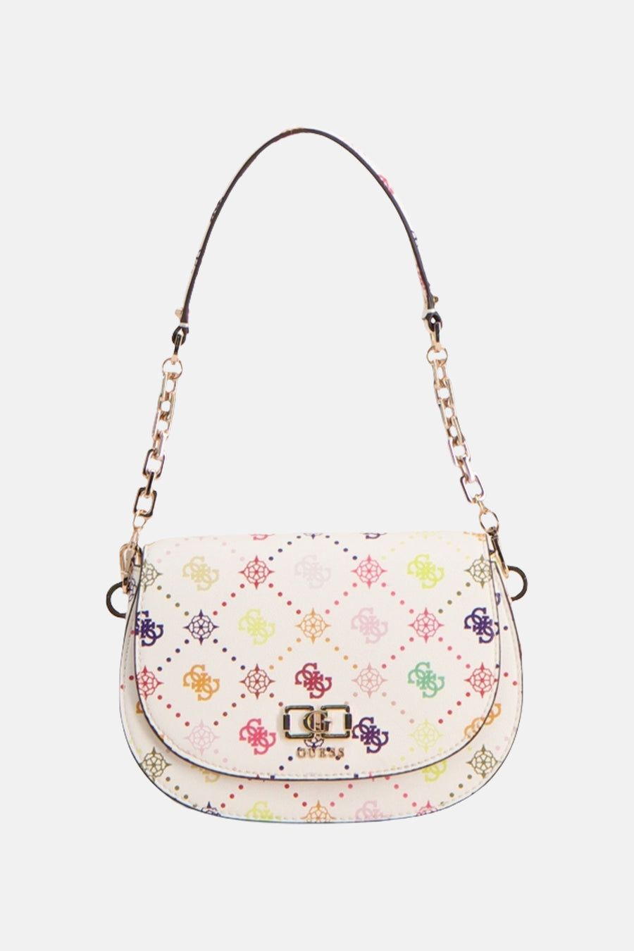 Multikleuren schoudertas van Guess, met een printpatroon en een ketting schouderriem.