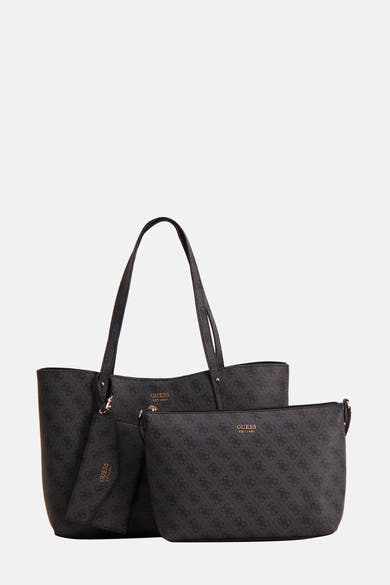 Sac à bandoulière noir Guess avec motif monogramme distinctif et pochette assortie.