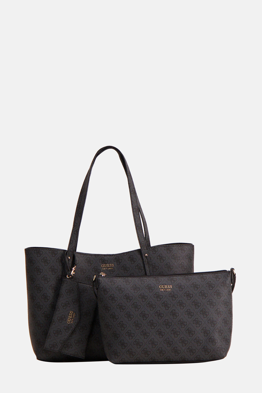 Sac à bandoulière noir Guess avec motif monogramme distinctif et pochette assortie.