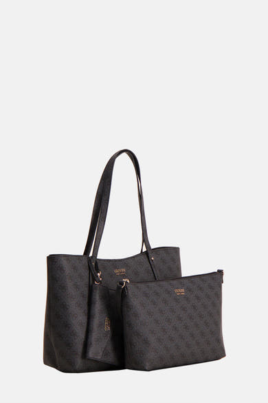 Sac à bandoulière noir en matière synthétique de Guess, avec motif monogramme répété et pochette assortie.
