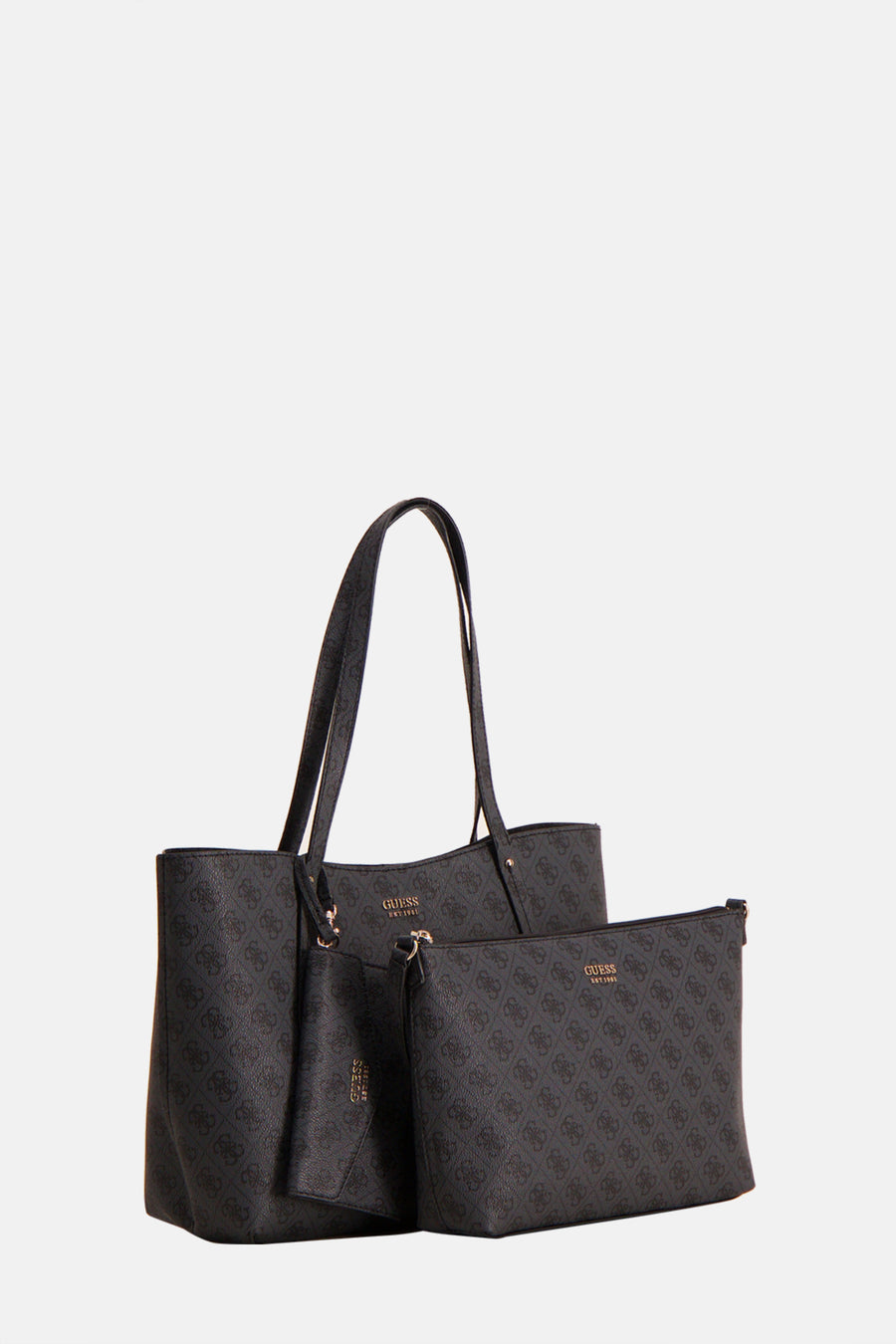 Sac à bandoulière noir en matière synthétique de Guess, avec motif monogramme répété et pochette assortie.
