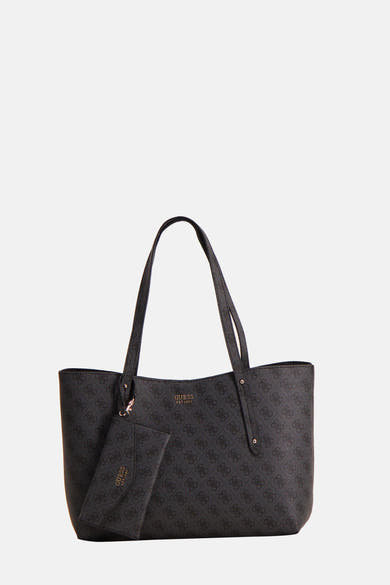 Sac à bandoulière noir de Guess, avec un motif de logo imprimé sur toute la surface, pochette assortie.
