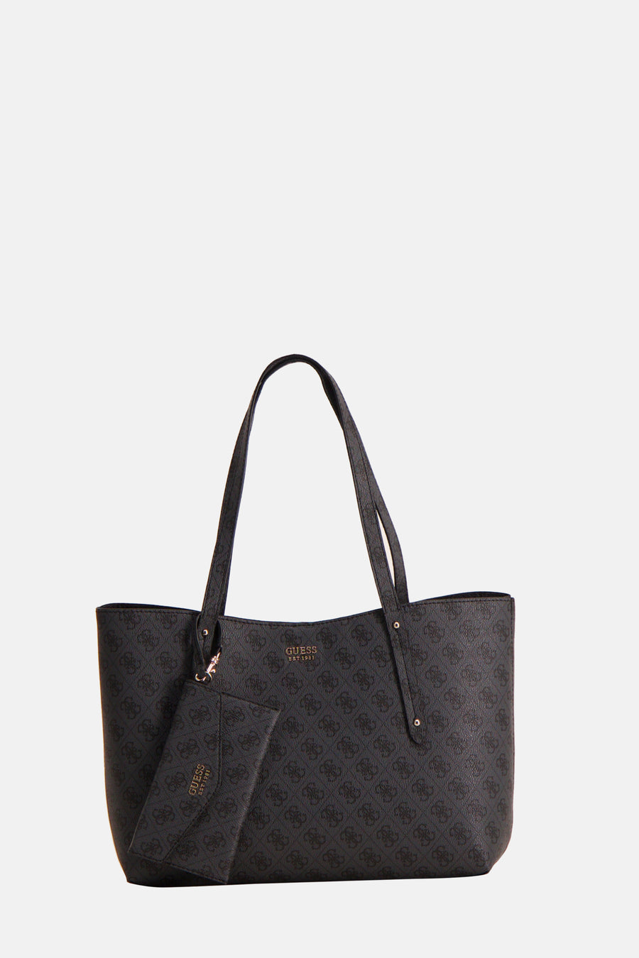 Sac à bandoulière noir de Guess, avec un motif de logo imprimé sur toute la surface, pochette assortie.
